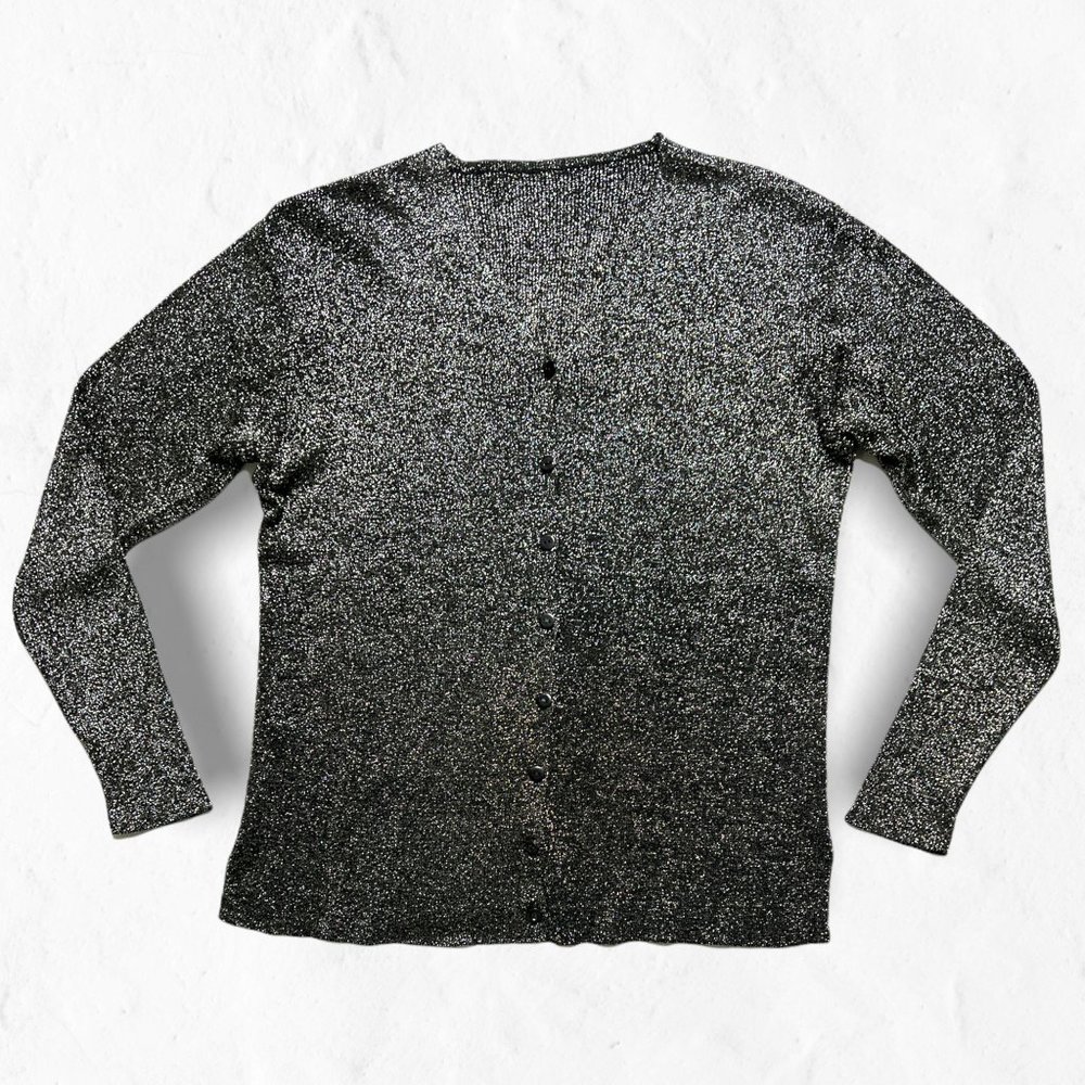 Black and Silver Metallic Button Front V-Neck Cardigan